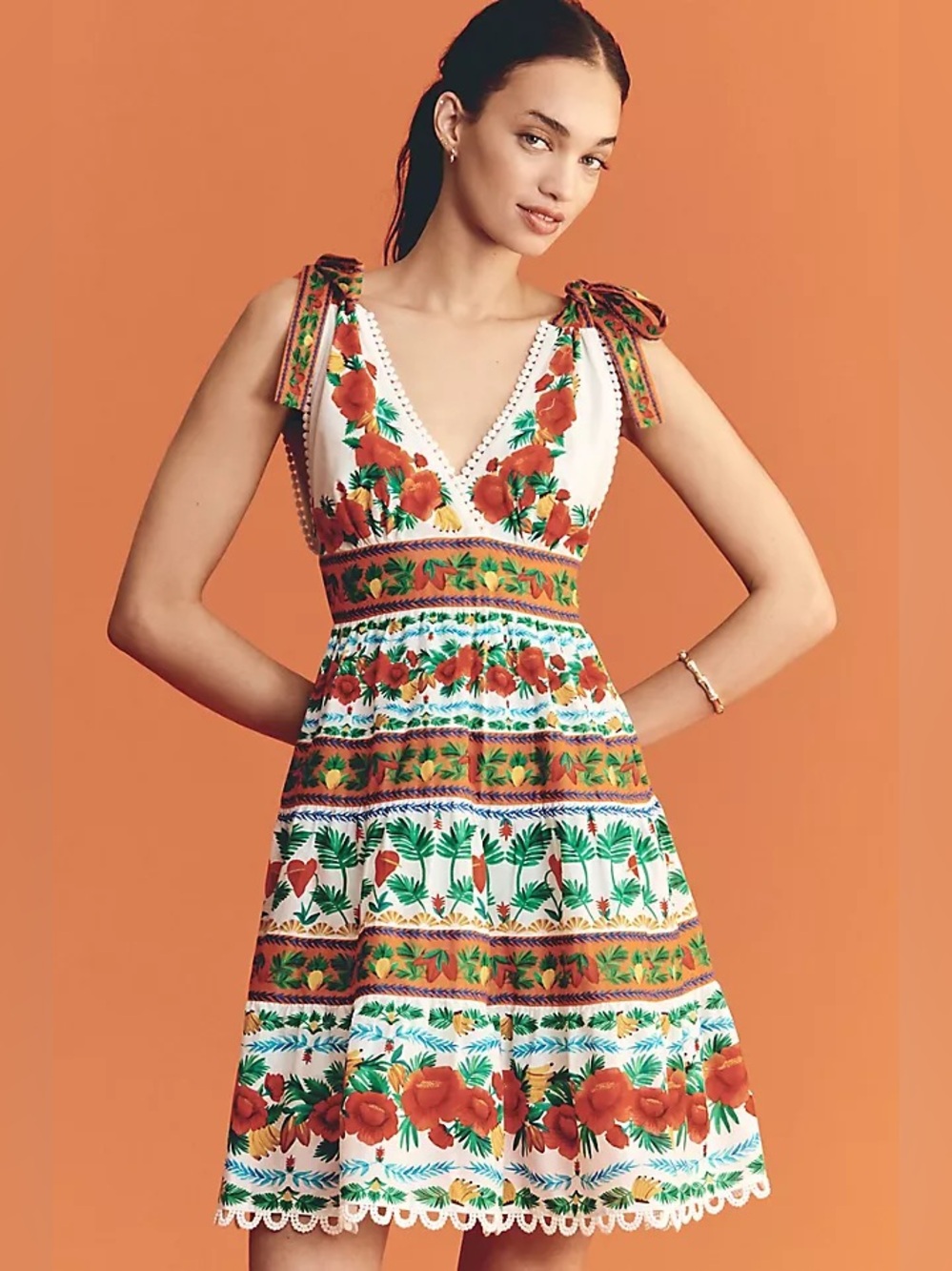 Farm Rio Anthropologie V Neck Tiered Mini Dress Large Floral Banana‎ Print